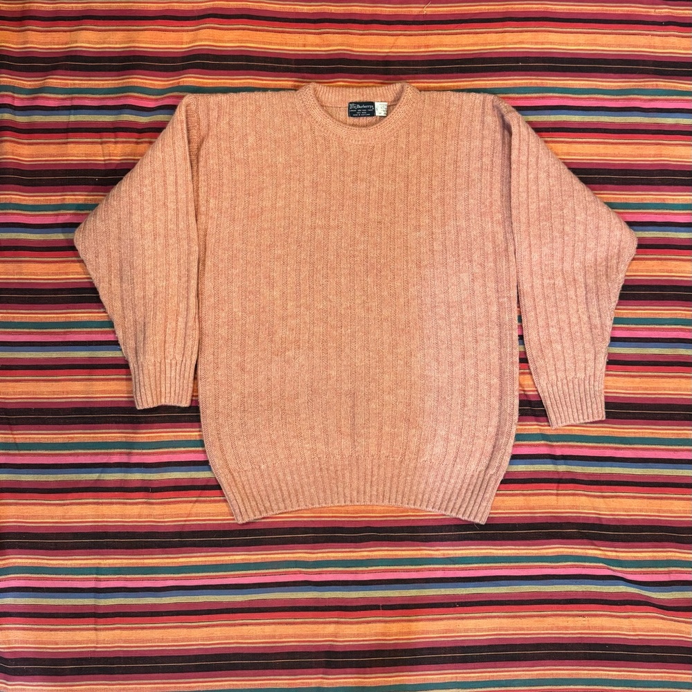 Vintage Burberrys 100% Wool Sweater Made In Scotland Pink Rib Knit Size S